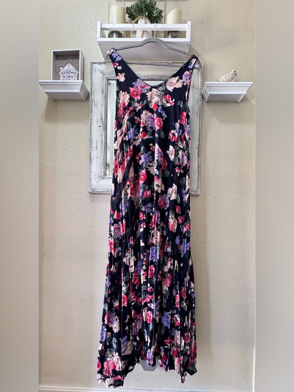 Boho Alyx Navy Maxi Dress with Pink & Purple Floral Print Sz L